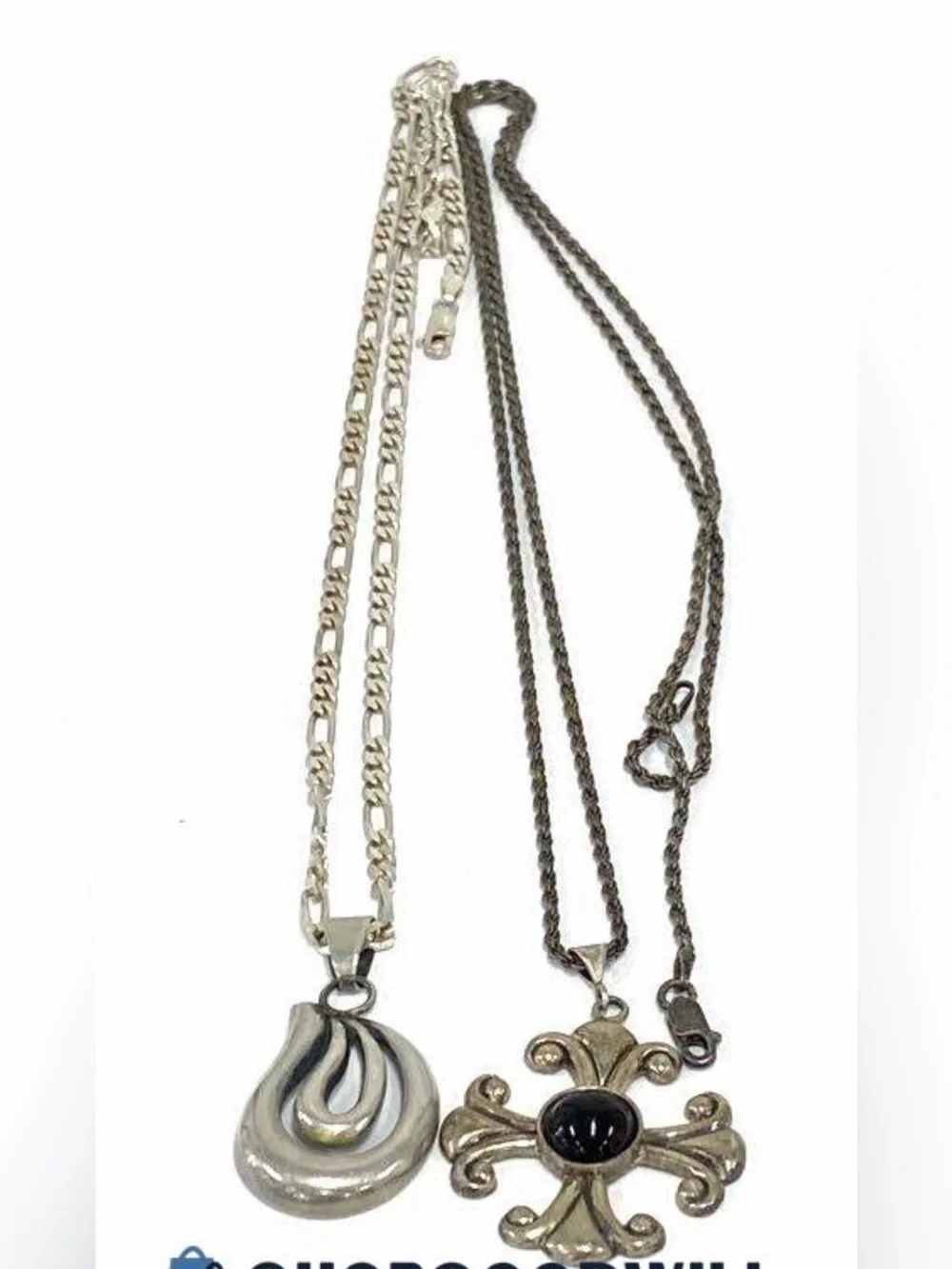 Vintage 925 Sterling Silver Onyx Cross Teardrop Pendant Chain Necklace lot 30.5G